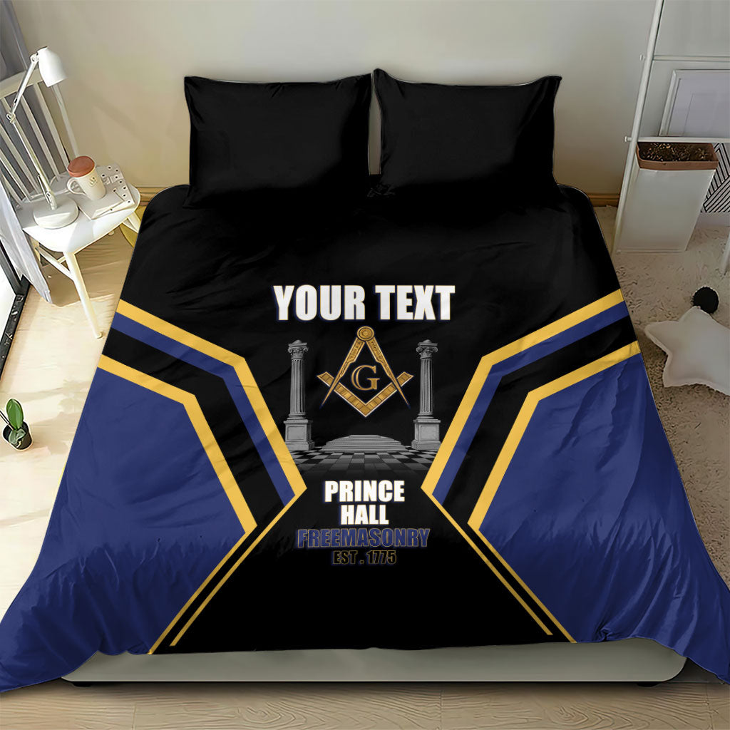 Personalized Prince Hall Freemasonry Bedding Set Royal Blue Gold Masonic Geometric Legacy Graphic