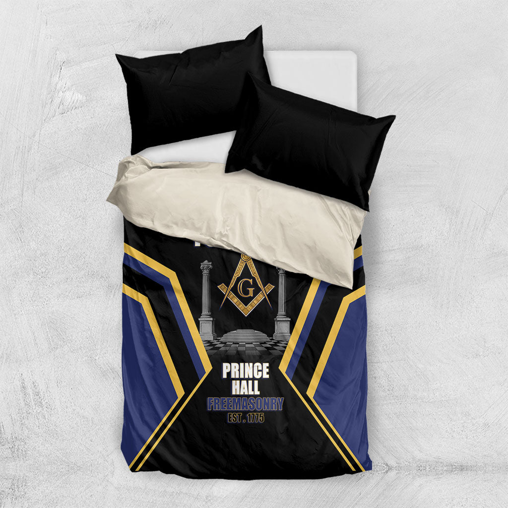 Personalized Prince Hall Freemasonry Bedding Set Royal Blue Gold Masonic Geometric Legacy Graphic