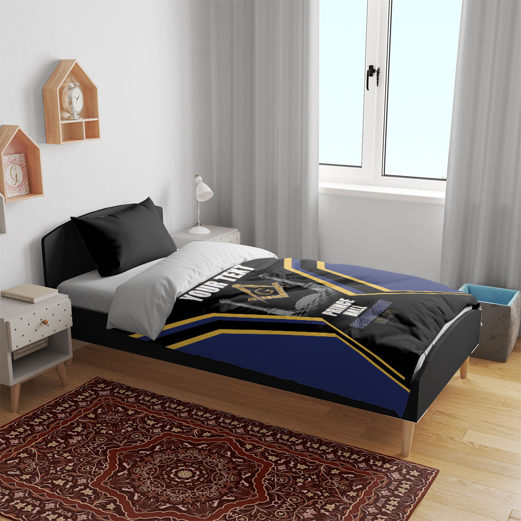 Personalized Prince Hall Freemasonry Bedding Set Royal Blue Gold Masonic Geometric Legacy Graphic