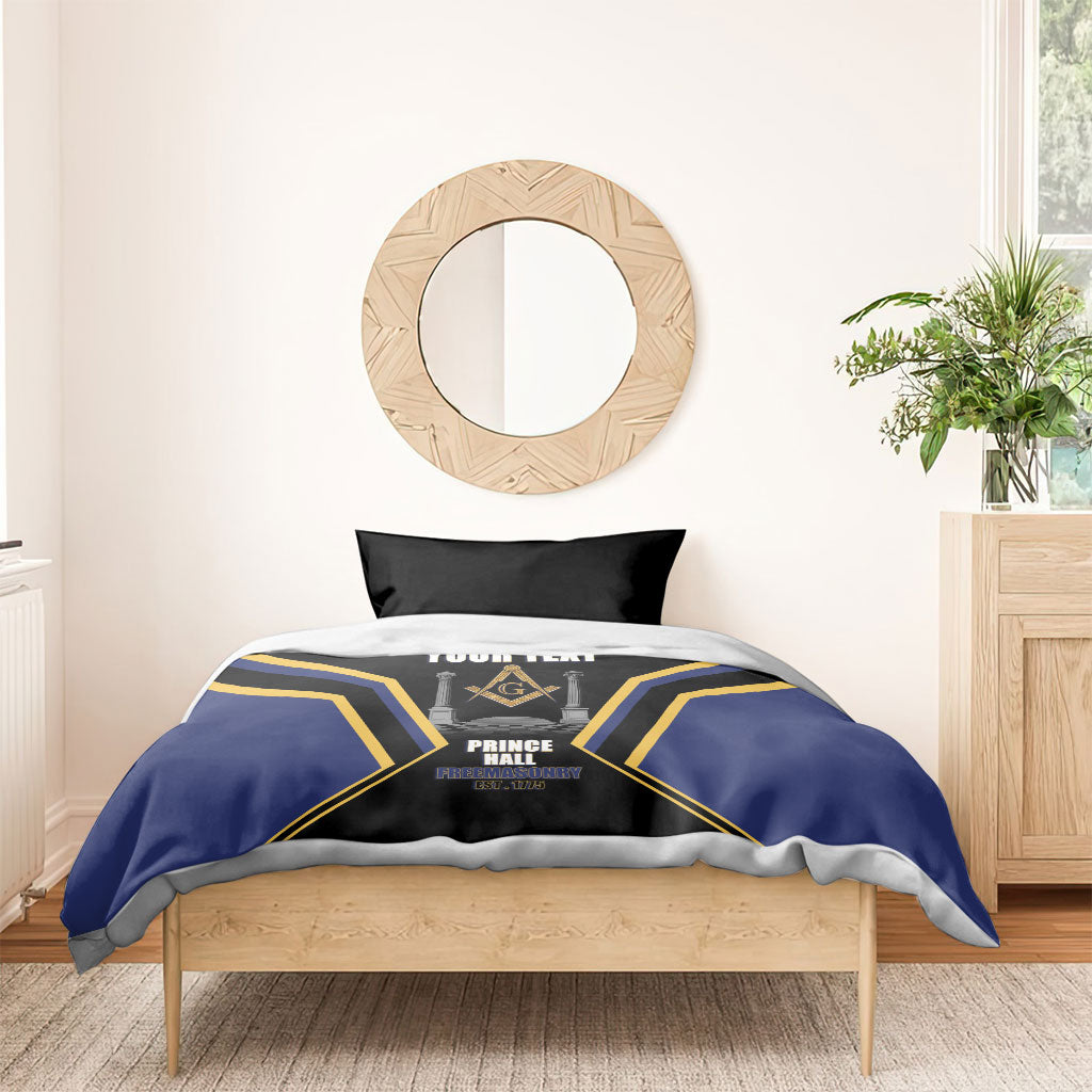Personalized Prince Hall Freemasonry Bedding Set Royal Blue Gold Masonic Geometric Legacy Graphic