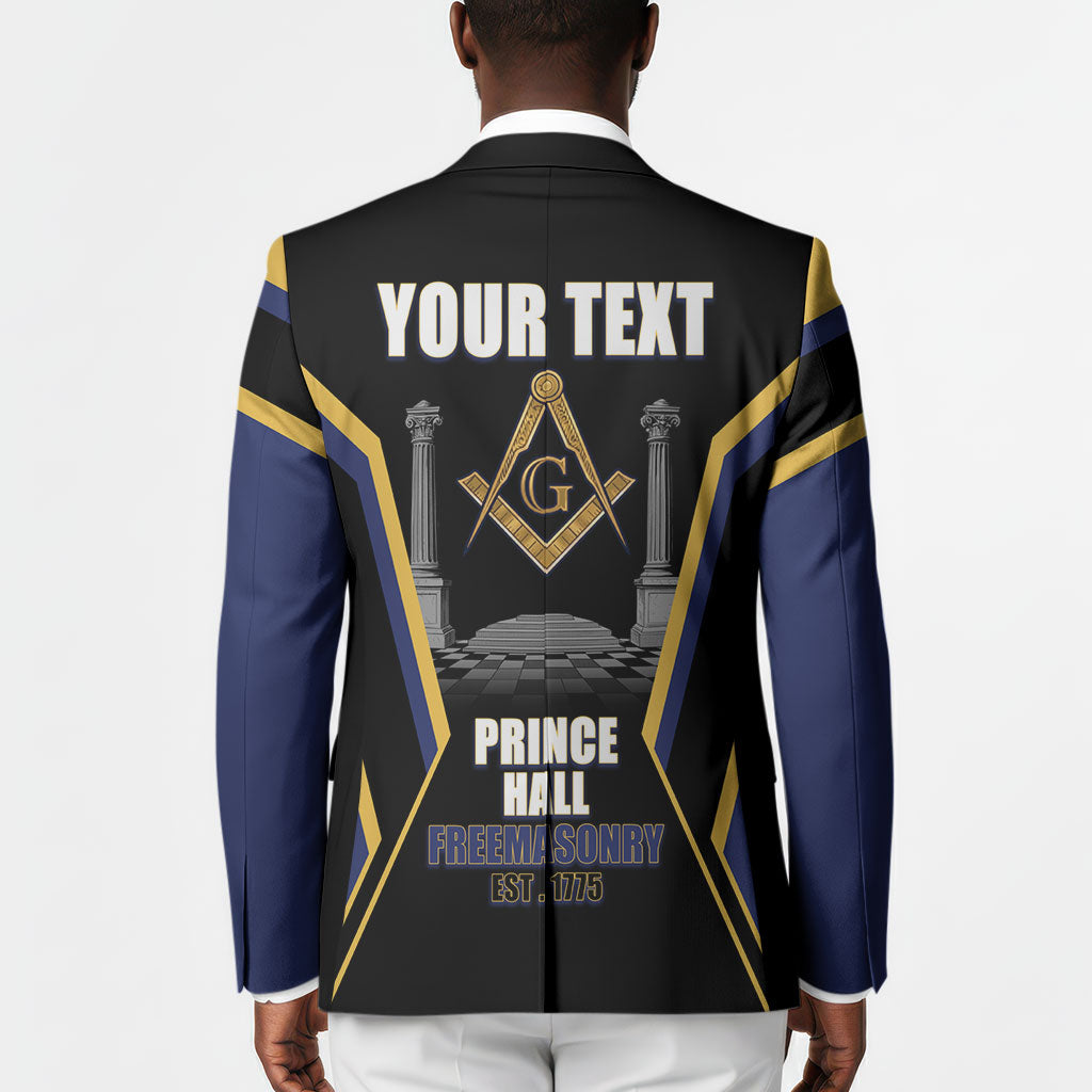 Personalized Prince Hall Freemasonry Blazer Royal Blue Gold Masonic Geometric Legacy Graphic
