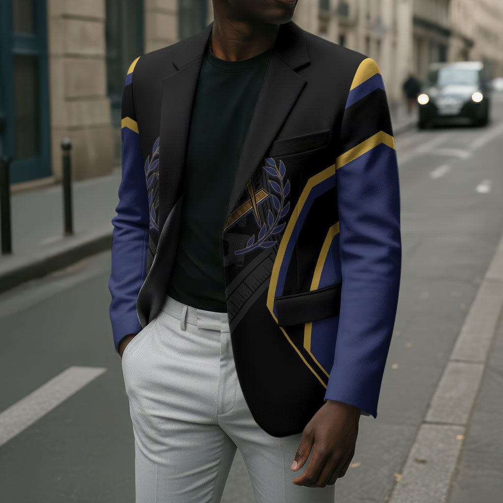 Personalized Prince Hall Freemasonry Blazer Royal Blue Gold Masonic Geometric Legacy Graphic