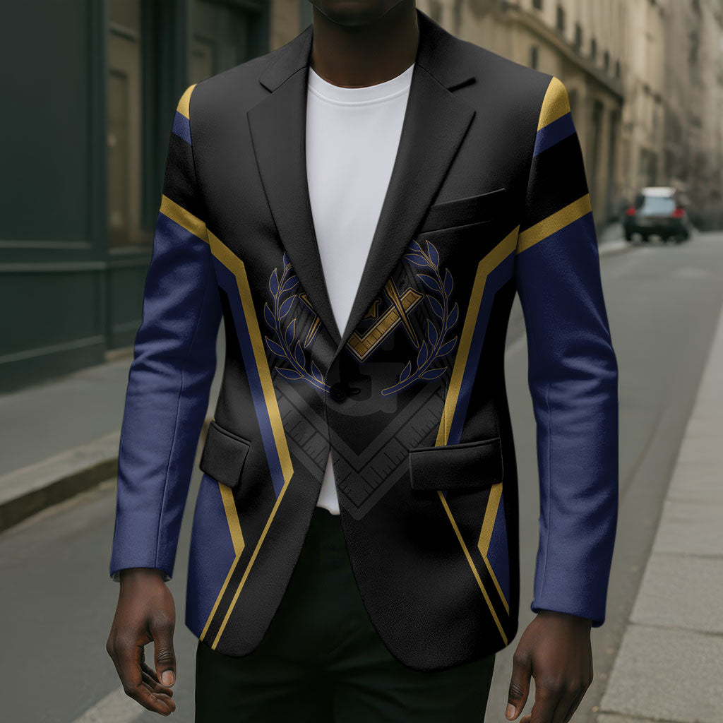 Personalized Prince Hall Freemasonry Blazer Royal Blue Gold Masonic Geometric Legacy Graphic