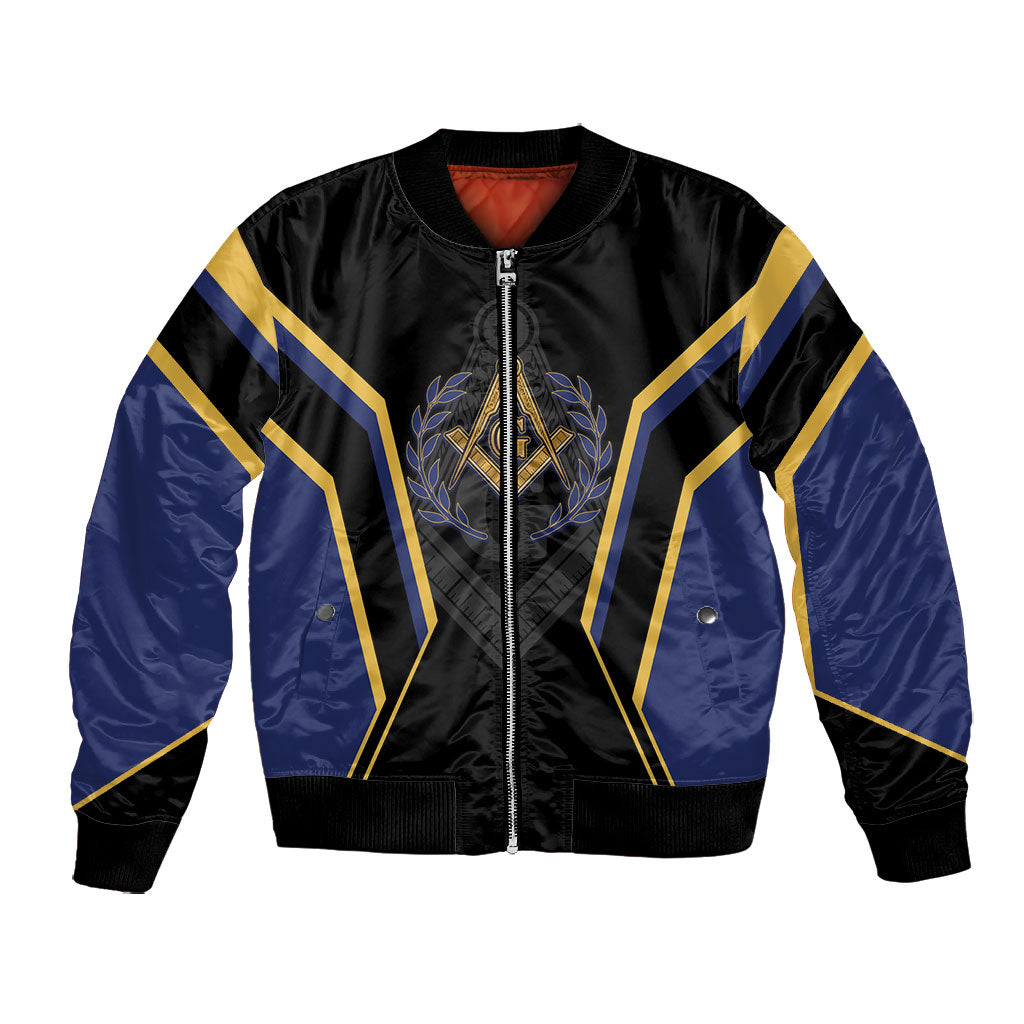 Personalized Prince Hall Freemasonry Bomber Jacket Royal Blue Gold Masonic Geometric Legacy Graphic