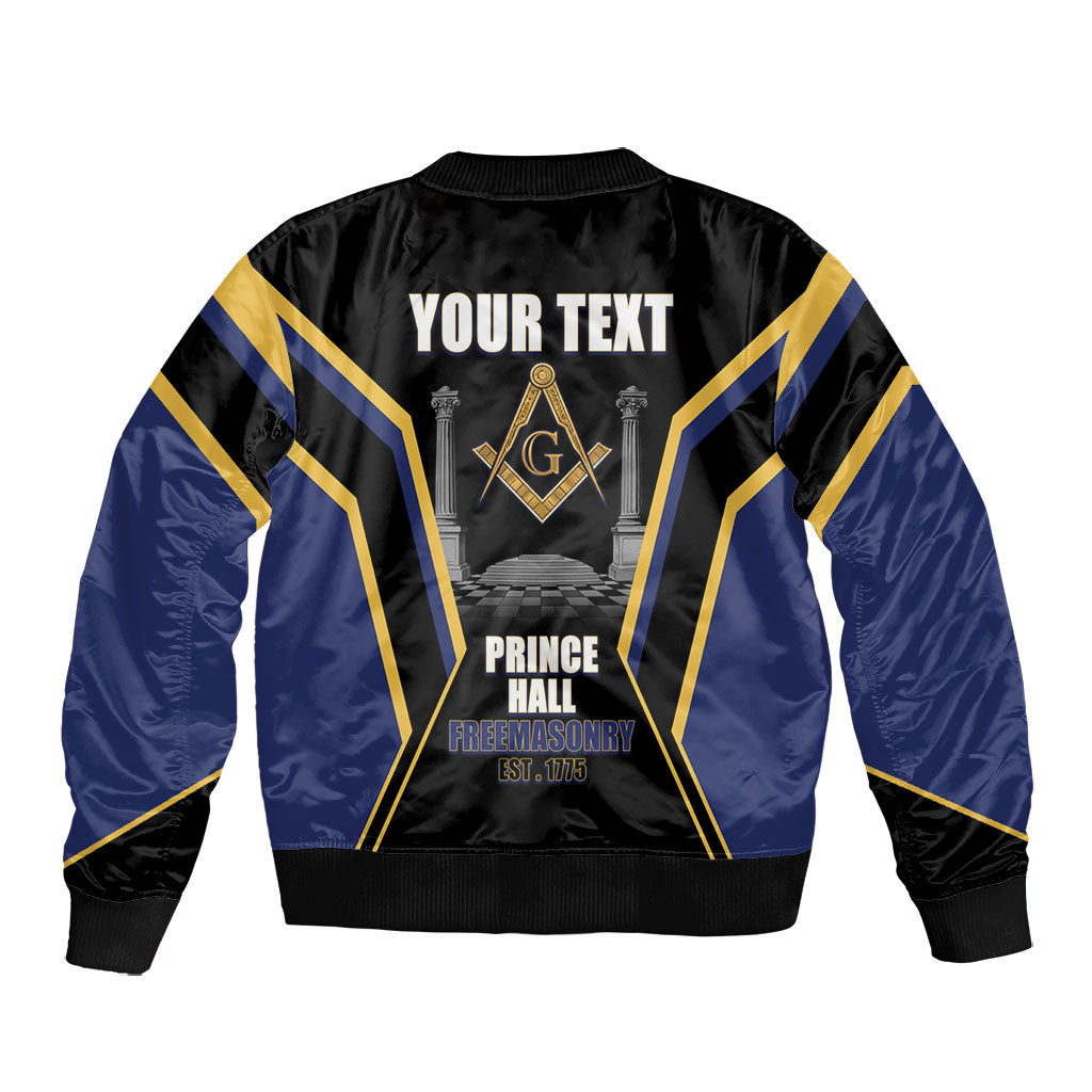Personalized Prince Hall Freemasonry Bomber Jacket Royal Blue Gold Masonic Geometric Legacy Graphic