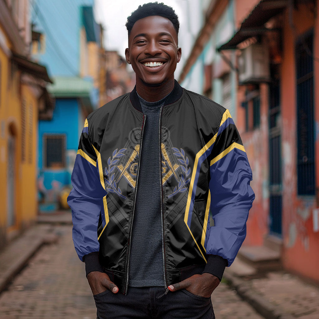 Personalized Prince Hall Freemasonry Bomber Jacket Royal Blue Gold Masonic Geometric Legacy Graphic