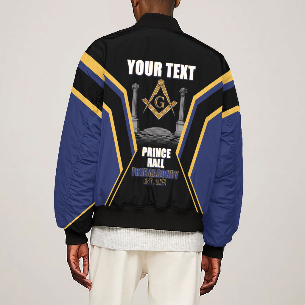 Personalized Prince Hall Freemasonry Bomber Jacket Royal Blue Gold Masonic Geometric Legacy Graphic