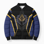 Personalized Prince Hall Freemasonry Bomber Puffer Jacket Royal Blue Gold Masonic Geometric Legacy Graphic