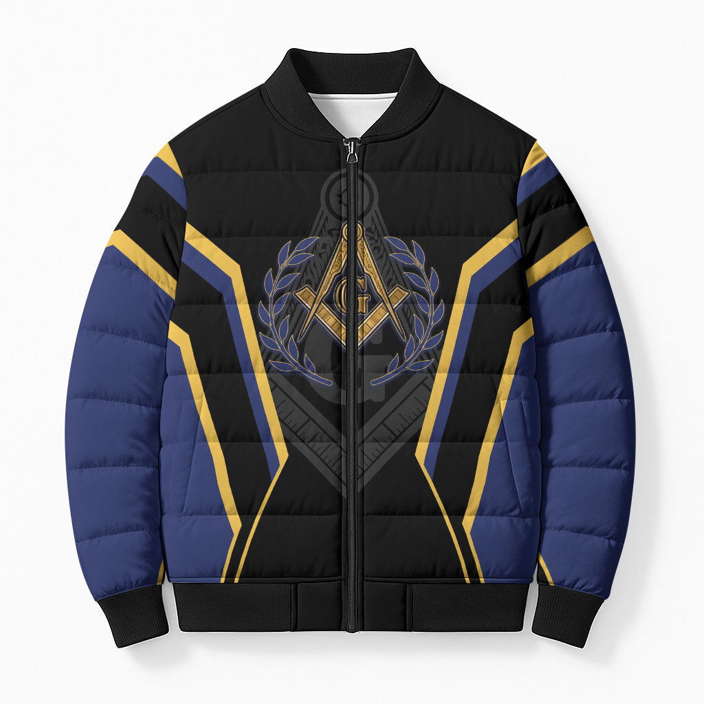 Personalized Prince Hall Freemasonry Bomber Puffer Jacket Royal Blue Gold Masonic Geometric Legacy Graphic