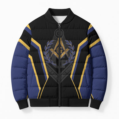 Personalized Prince Hall Freemasonry Bomber Puffer Jacket Royal Blue Gold Masonic Geometric Legacy Graphic