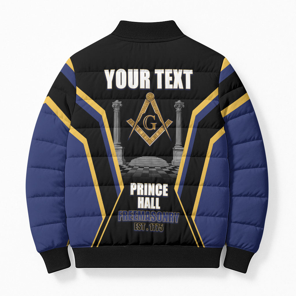 Personalized Prince Hall Freemasonry Bomber Puffer Jacket Royal Blue Gold Masonic Geometric Legacy Graphic