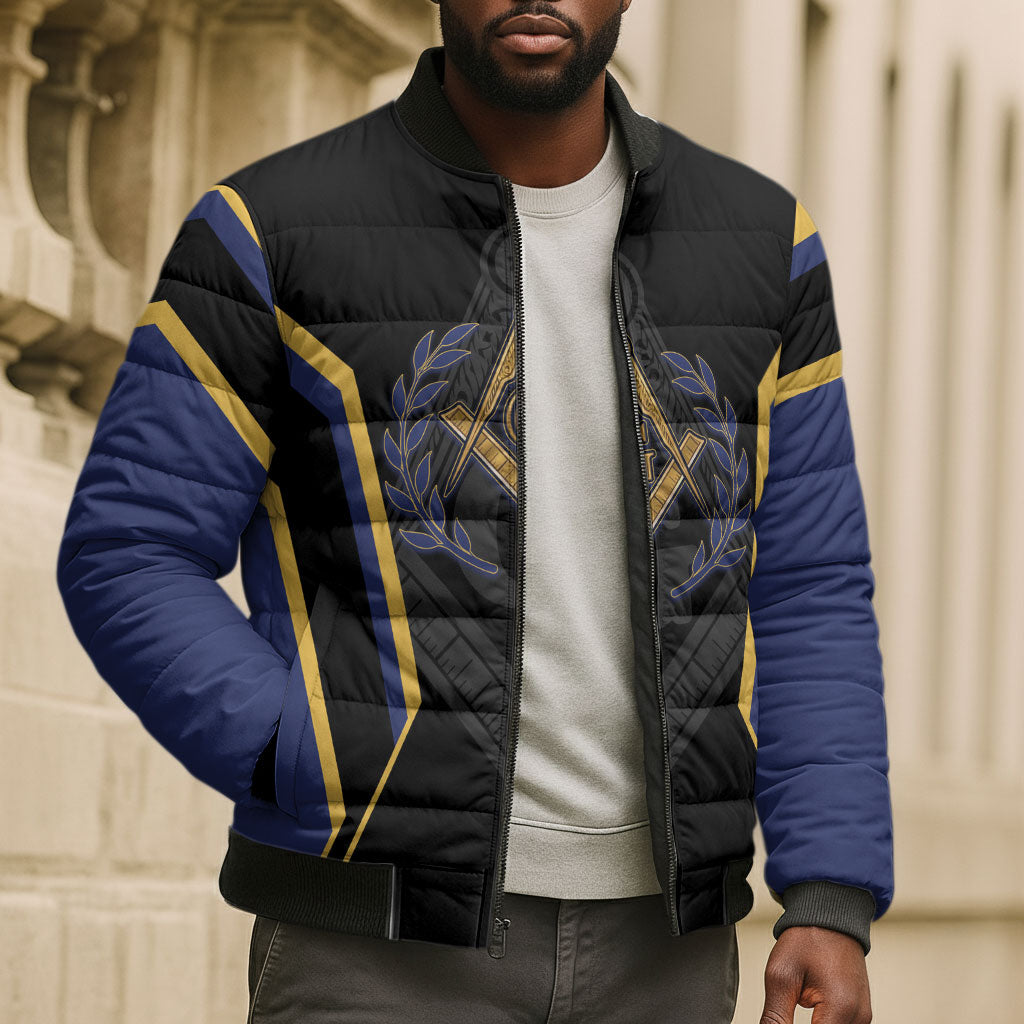 Personalized Prince Hall Freemasonry Bomber Puffer Jacket Royal Blue Gold Masonic Geometric Legacy Graphic
