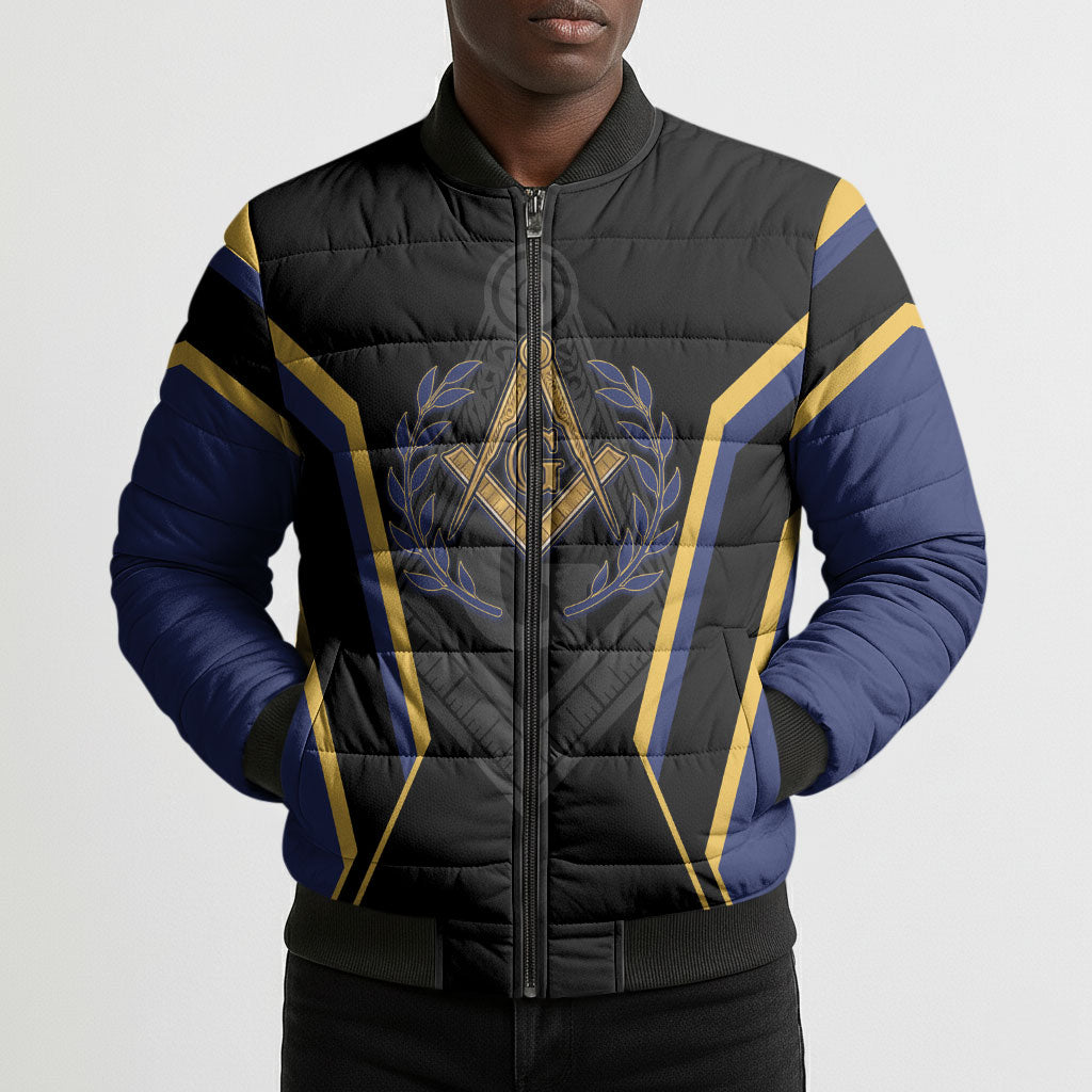 Personalized Prince Hall Freemasonry Bomber Puffer Jacket Royal Blue Gold Masonic Geometric Legacy Graphic