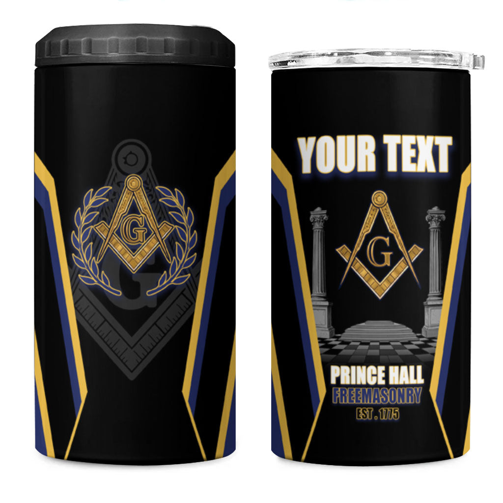 Personalized Prince Hall Freemasonry 4 in 1 Can Cooler Tumbler Royal Blue Gold Masonic Geometric Legacy Graphic