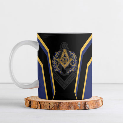 Personalized Prince Hall Freemasonry Ceramic Mug Royal Blue Gold Masonic Geometric Legacy Graphic