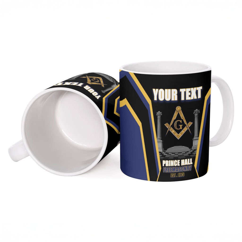 Personalized Prince Hall Freemasonry Ceramic Mug Royal Blue Gold Masonic Geometric Legacy Graphic