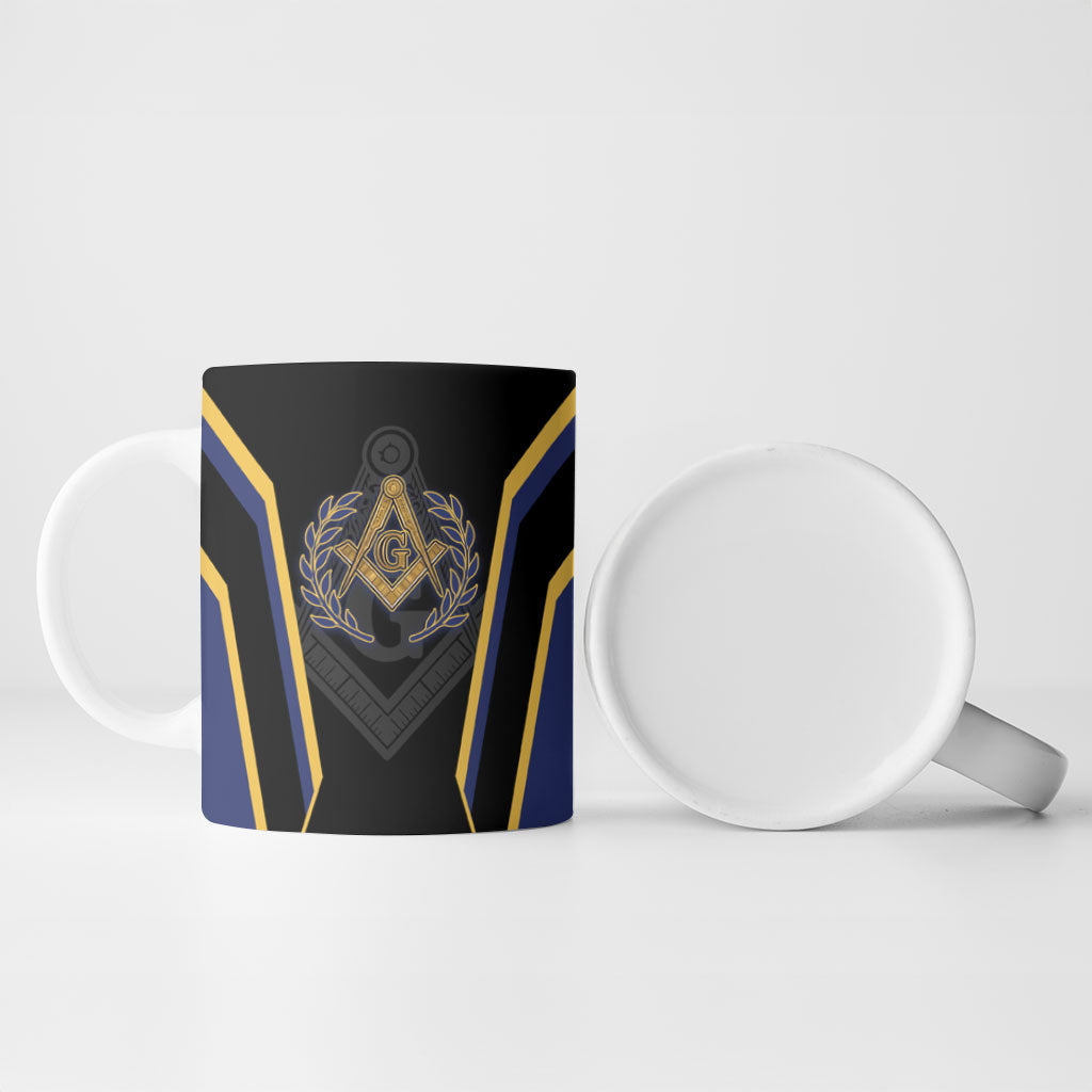 Personalized Prince Hall Freemasonry Ceramic Mug Royal Blue Gold Masonic Geometric Legacy Graphic