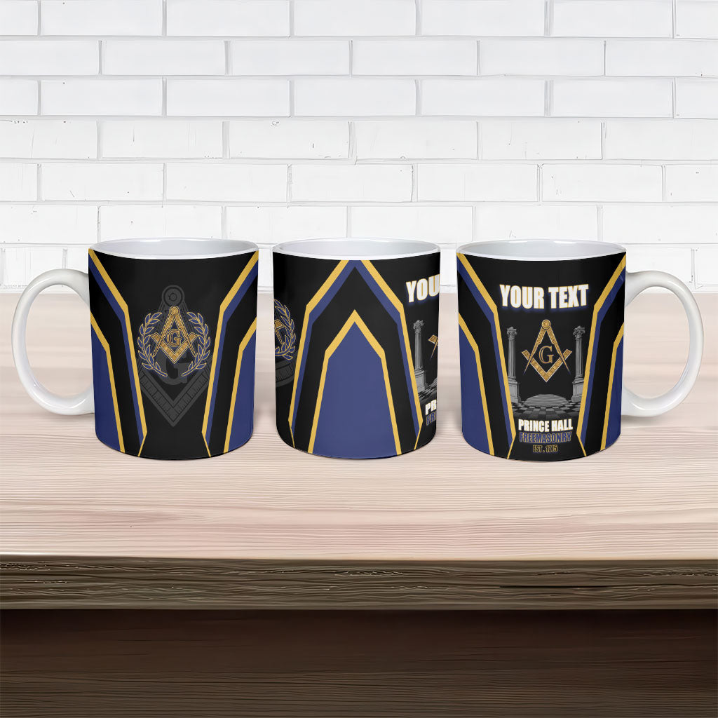 Personalized Prince Hall Freemasonry Ceramic Mug Royal Blue Gold Masonic Geometric Legacy Graphic