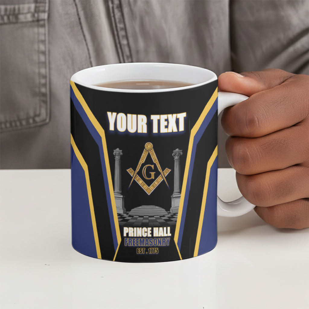 Personalized Prince Hall Freemasonry Ceramic Mug Royal Blue Gold Masonic Geometric Legacy Graphic