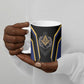 Personalized Prince Hall Freemasonry Ceramic Mug Royal Blue Gold Masonic Geometric Legacy Graphic