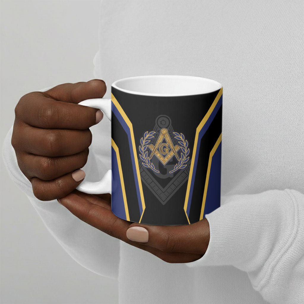 Personalized Prince Hall Freemasonry Ceramic Mug Royal Blue Gold Masonic Geometric Legacy Graphic