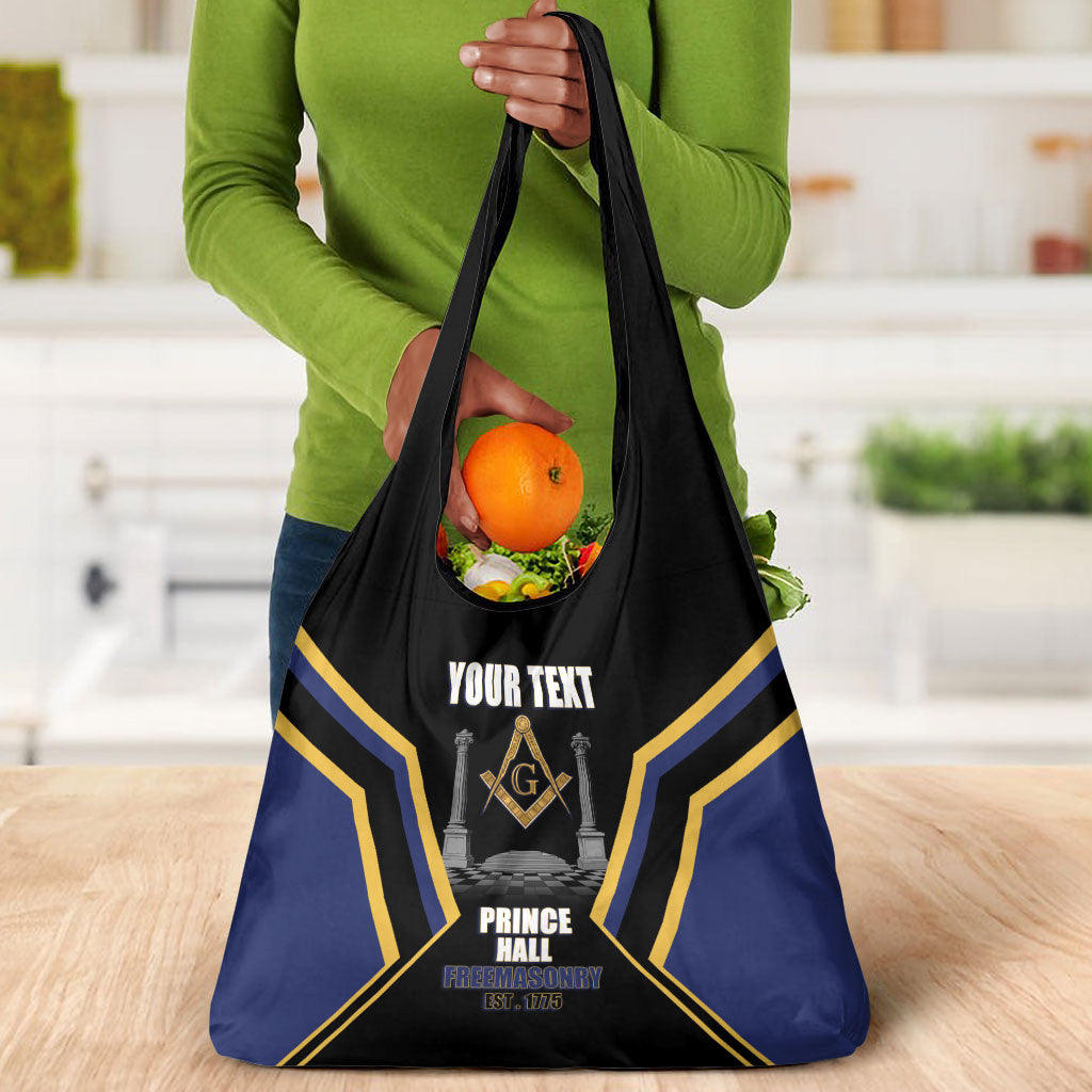 Personalized Prince Hall Freemasonry Grocery Bag Royal Blue Gold Masonic Geometric Legacy Graphic
