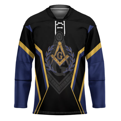 Personalized Prince Hall Freemasonry Hockey Jersey Royal Blue Gold Masonic Geometric Legacy Graphic