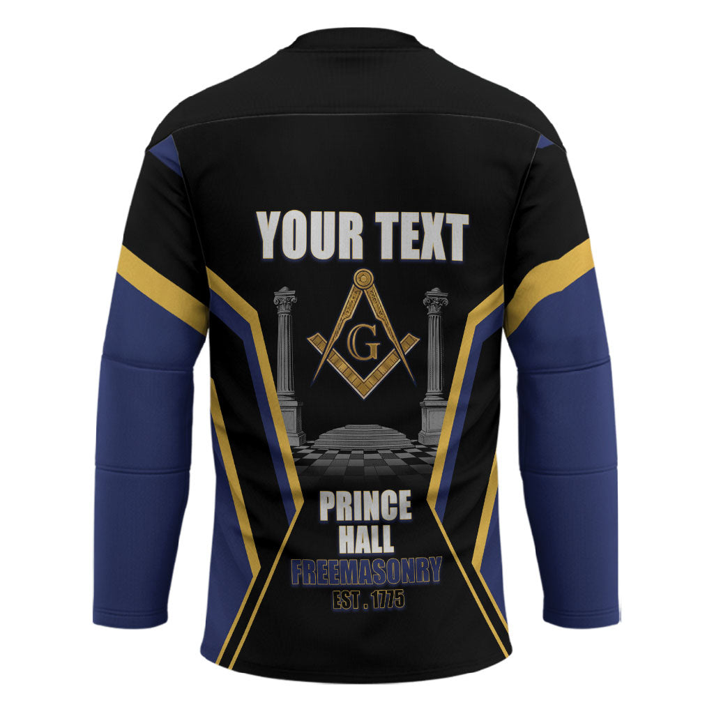 Personalized Prince Hall Freemasonry Hockey Jersey Royal Blue Gold Masonic Geometric Legacy Graphic