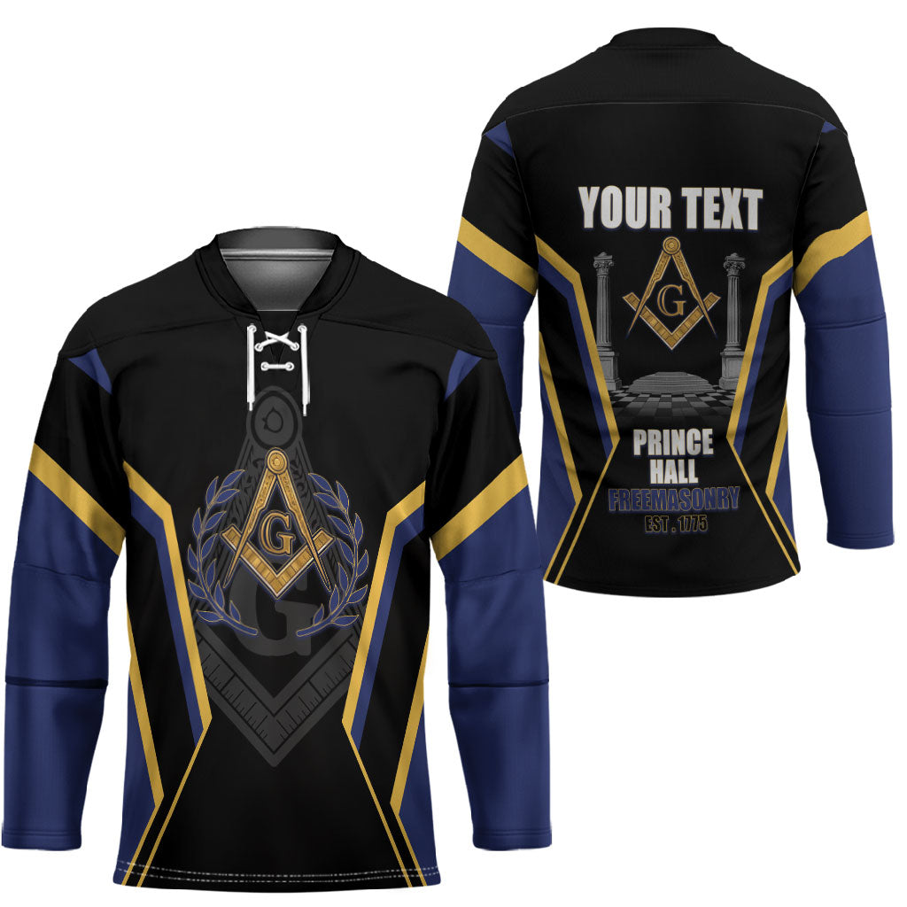 Personalized Prince Hall Freemasonry Hockey Jersey Royal Blue Gold Masonic Geometric Legacy Graphic