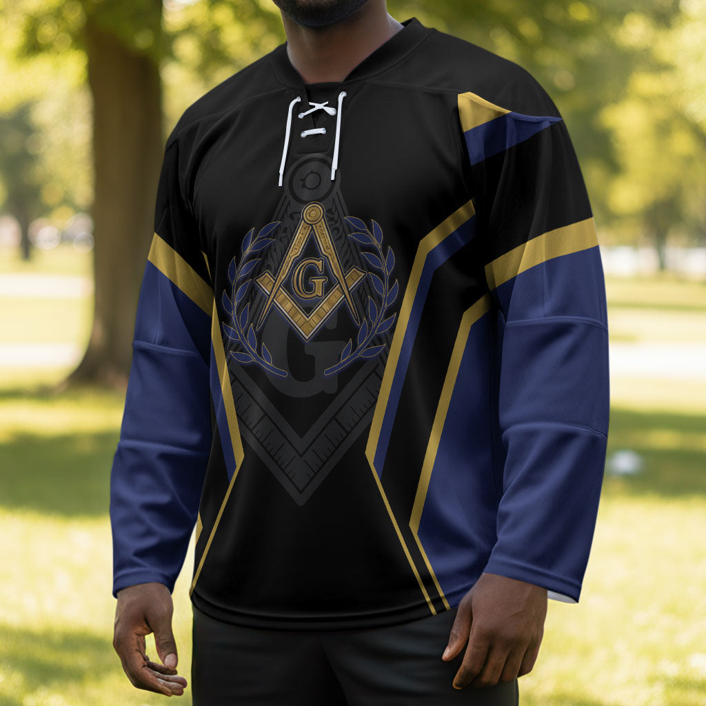 Personalized Prince Hall Freemasonry Hockey Jersey Royal Blue Gold Masonic Geometric Legacy Graphic