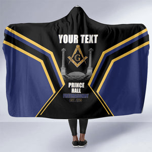 Personalized Prince Hall Freemasonry Hooded Blanket Royal Blue Gold Masonic Geometric Legacy Graphic