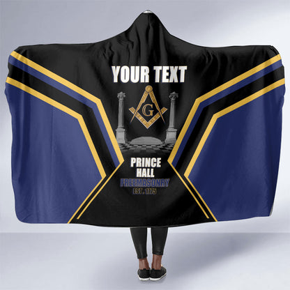 Personalized Prince Hall Freemasonry Hooded Blanket Royal Blue Gold Masonic Geometric Legacy Graphic