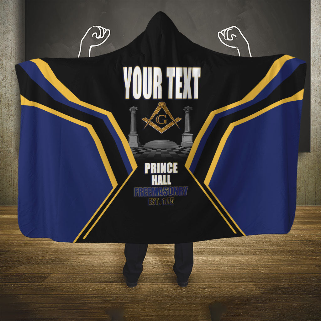 Personalized Prince Hall Freemasonry Hooded Blanket Royal Blue Gold Masonic Geometric Legacy Graphic