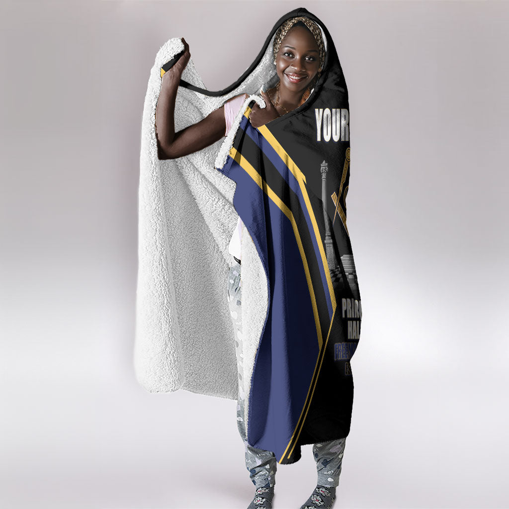 Personalized Prince Hall Freemasonry Hooded Blanket Royal Blue Gold Masonic Geometric Legacy Graphic