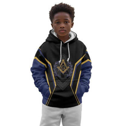 Personalized Prince Hall Freemasonry Kid Hoodie Royal Blue Gold Masonic Geometric Legacy Graphic