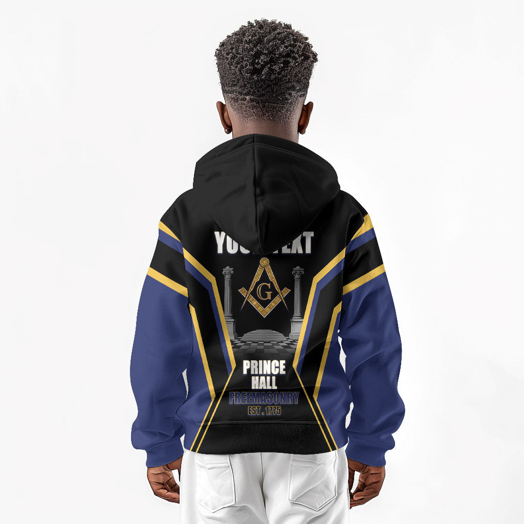 Personalized Prince Hall Freemasonry Kid Hoodie Royal Blue Gold Masonic Geometric Legacy Graphic