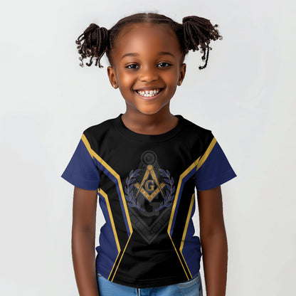 Personalized Prince Hall Freemasonry Kid T shirt Royal Blue Gold Masonic Geometric Legacy Graphic
