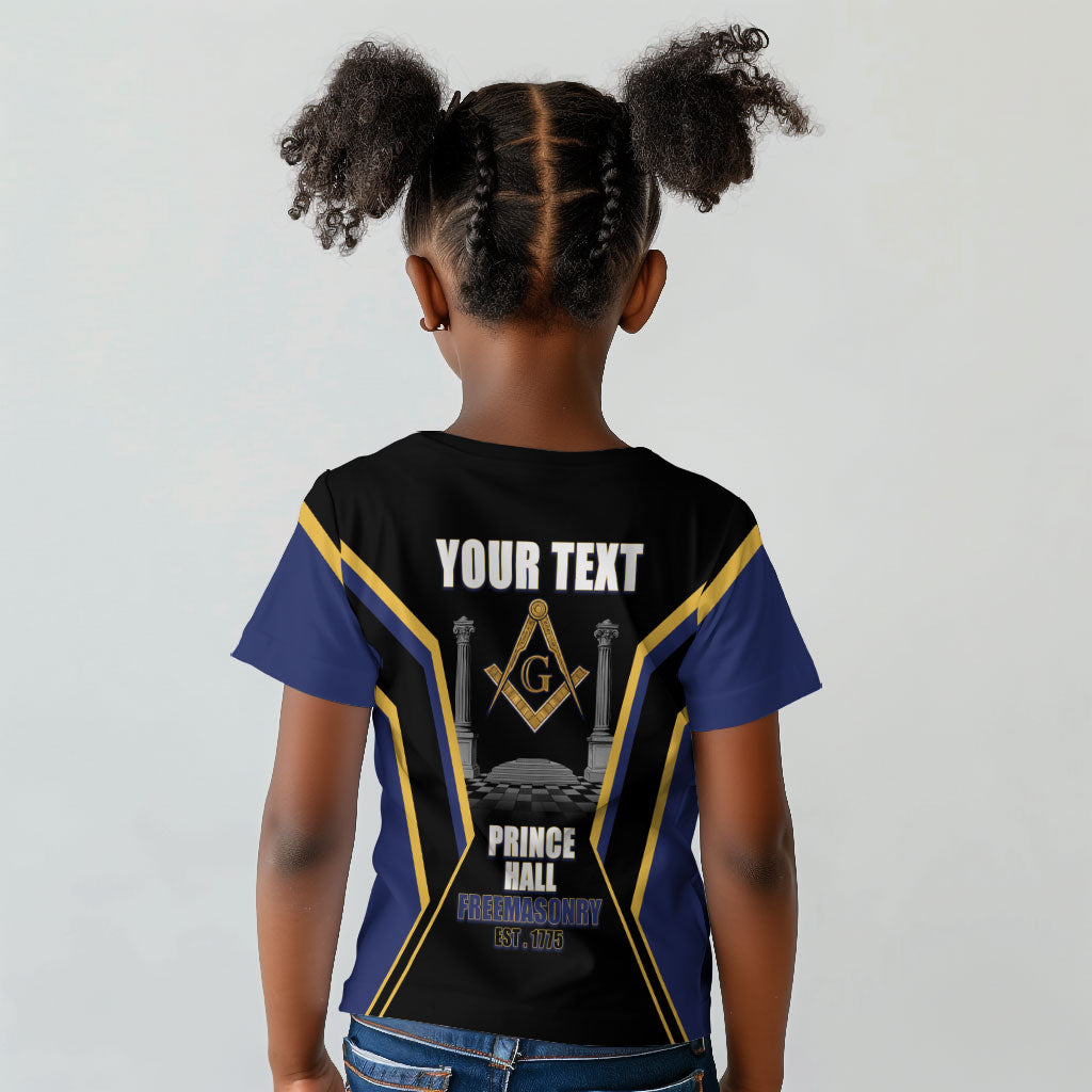 Personalized Prince Hall Freemasonry Kid T shirt Royal Blue Gold Masonic Geometric Legacy Graphic