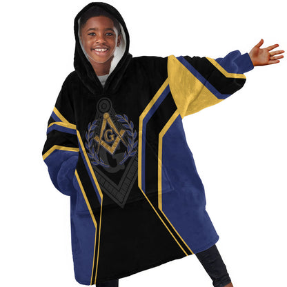 Personalized Prince Hall Freemasonry Kid Wearable Blanket Hoodie Royal Blue Gold Masonic Geometric Legacy Graphic