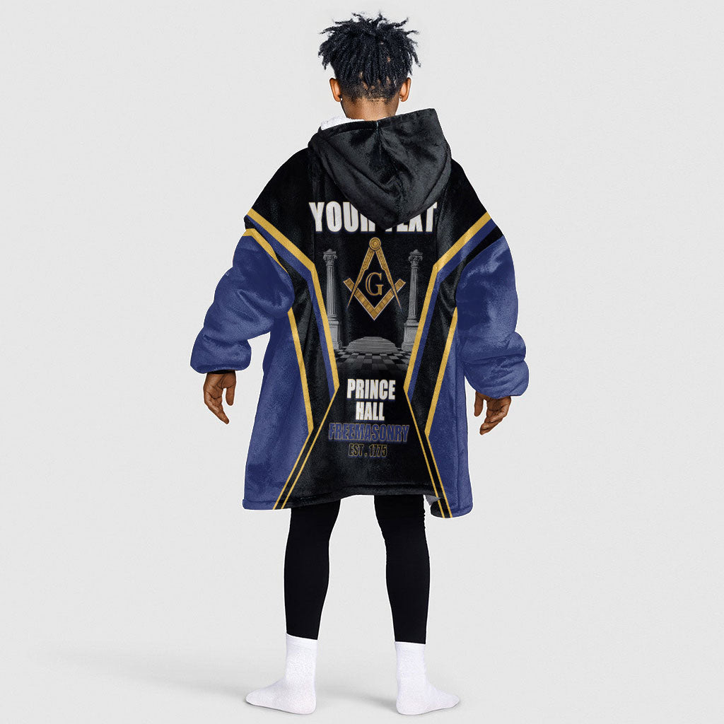 Personalized Prince Hall Freemasonry Kid Wearable Blanket Hoodie Royal Blue Gold Masonic Geometric Legacy Graphic