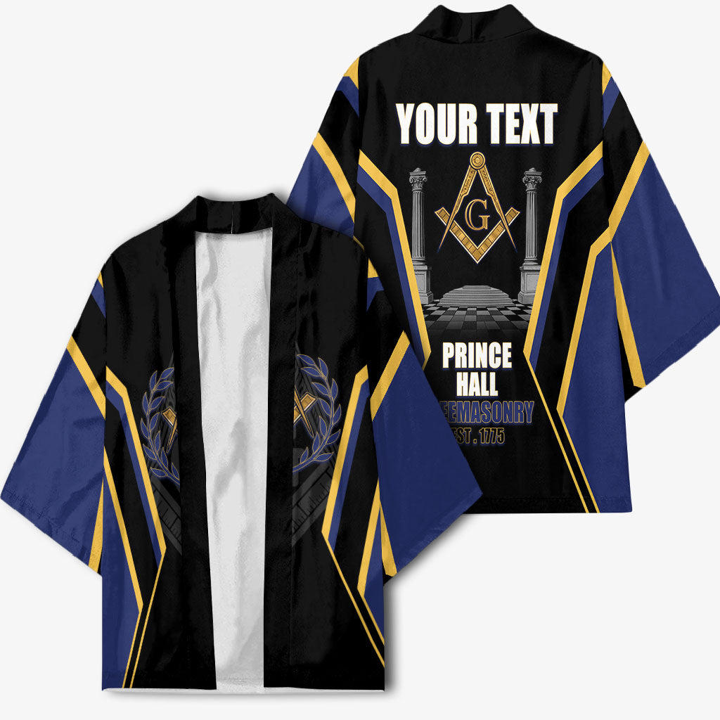 Personalized Prince Hall Freemasonry Kimono Royal Blue Gold Masonic Geometric Legacy Graphic