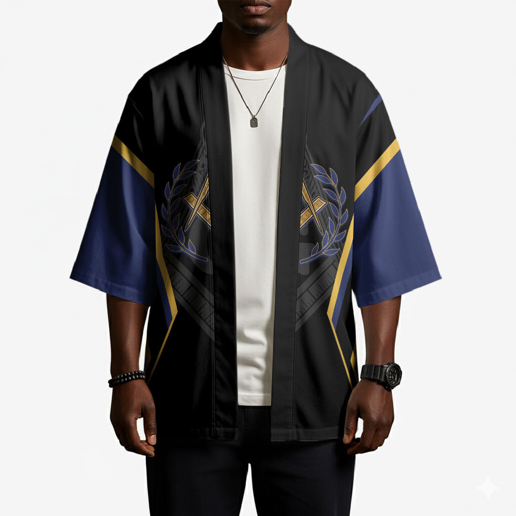 Personalized Prince Hall Freemasonry Kimono Royal Blue Gold Masonic Geometric Legacy Graphic