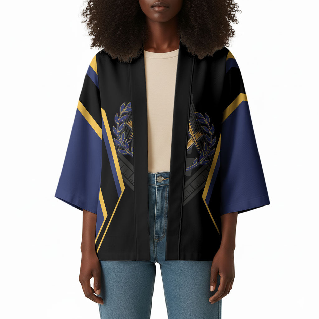 Personalized Prince Hall Freemasonry Kimono Royal Blue Gold Masonic Geometric Legacy Graphic
