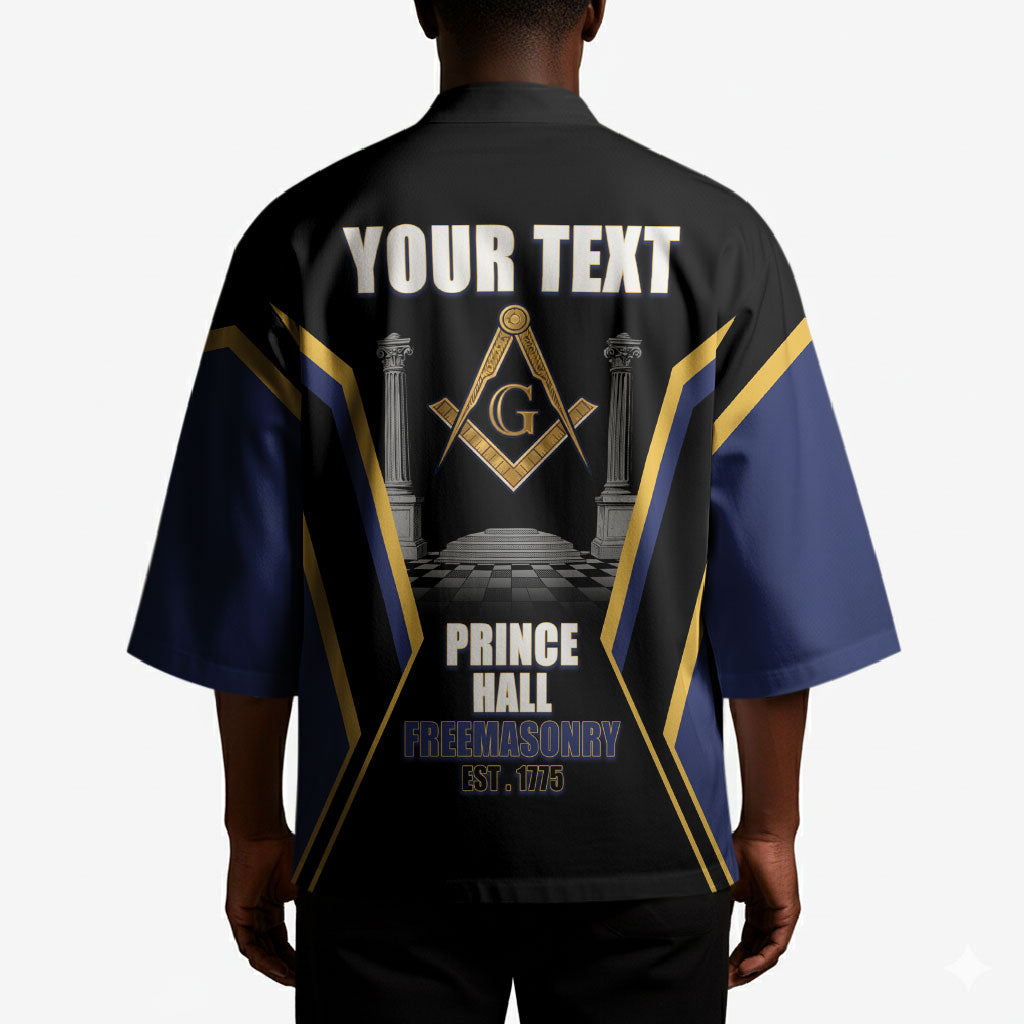 Personalized Prince Hall Freemasonry Kimono Royal Blue Gold Masonic Geometric Legacy Graphic