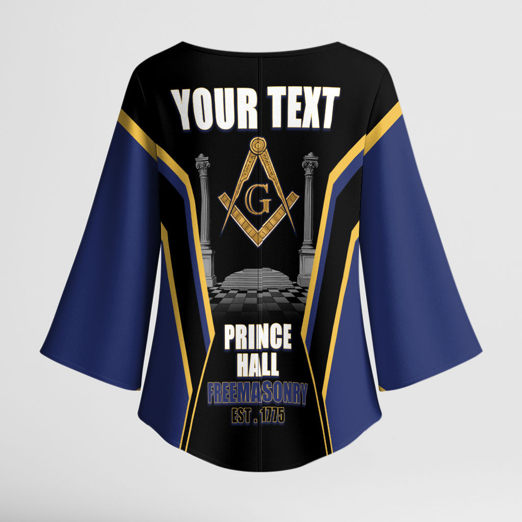 Personalized Prince Hall Freemasonry Kimono Sleeve Blouse Royal Blue Gold Masonic Geometric Legacy Graphic