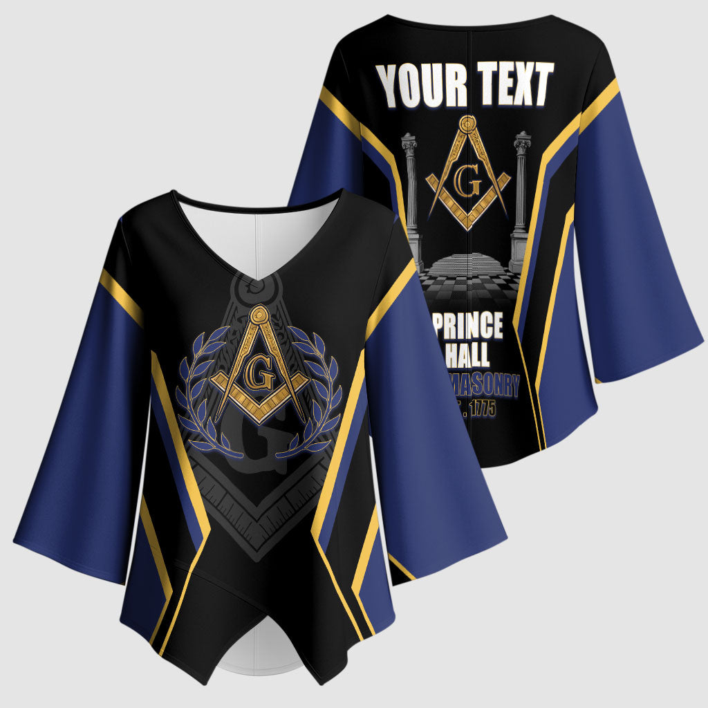 Personalized Prince Hall Freemasonry Kimono Sleeve Blouse Royal Blue Gold Masonic Geometric Legacy Graphic