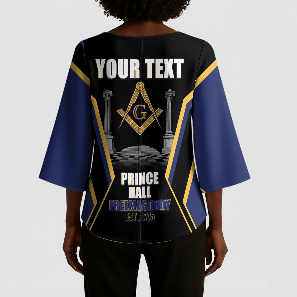 Personalized Prince Hall Freemasonry Kimono Sleeve Blouse Royal Blue Gold Masonic Geometric Legacy Graphic