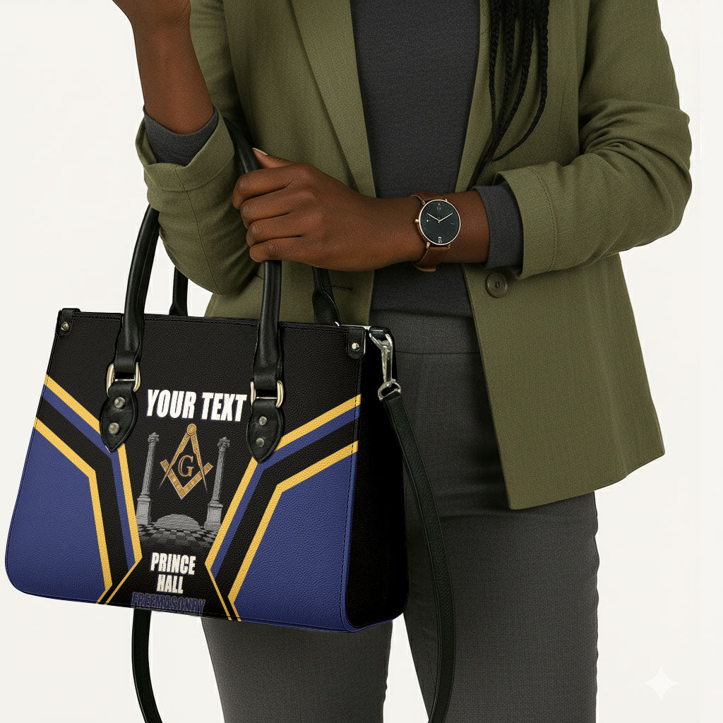 Personalized Prince Hall Freemasonry Leather Bag Royal Blue Gold Masonic Geometric Legacy Graphic