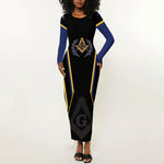 Personalized Prince Hall Freemasonry Long Sleeve Bodycon Dress Royal Blue Gold Masonic Geometric Legacy Graphic
