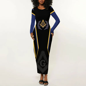 Personalized Prince Hall Freemasonry Long Sleeve Bodycon Dress Royal Blue Gold Masonic Geometric Legacy Graphic